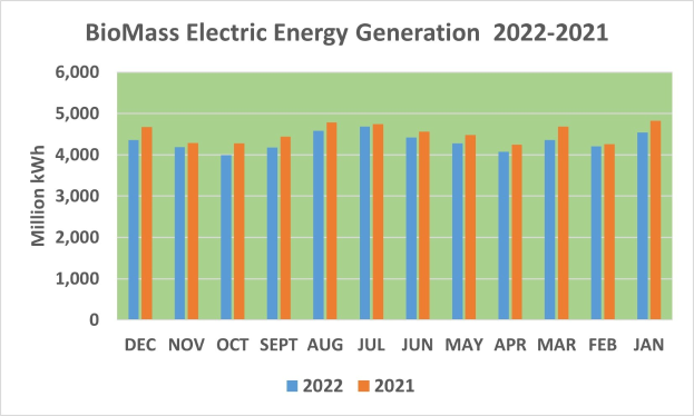 Liniengraph, der die elektrische Energieerzeugung aus Biomasse von 2021 bis 2022 zeigt, mit begleitendem erklärendem Text.