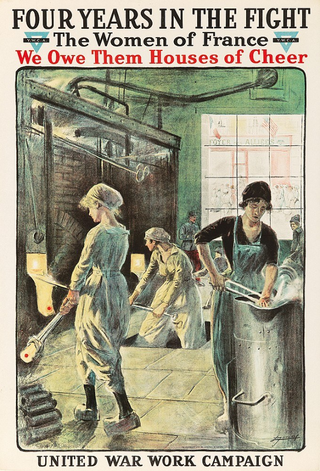 Ein Plakat mit vier entschlossenen Frauen in einer Reihe, mit der Aufschrift "Wir schulden ihnen Häuser der Freude" oben, symbolisiert die Stärke und Resilienz der französischen Frauen.