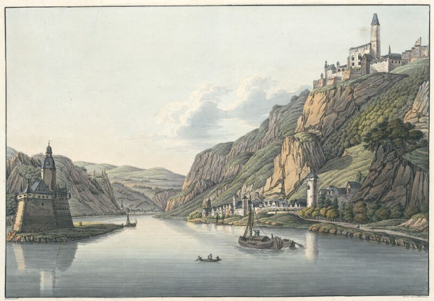 Gemälde eines Flusses mit Booten, umgeben von Hügeln, Bäumen, Gebäuden und einem bewölkten Himmel, mit der Aufschrift "Schloss Karlsruhe in Deutschland" unten.