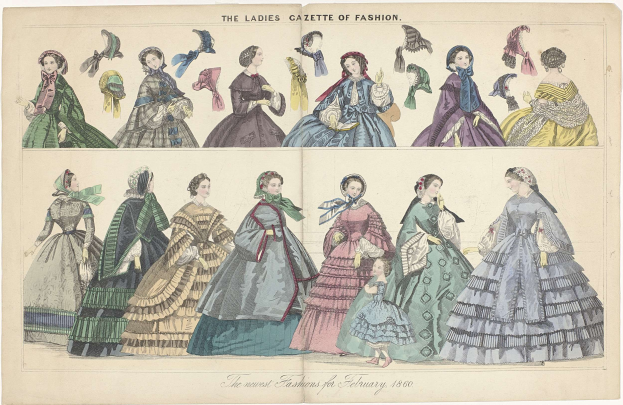 Eine alte Modezeitschrift mit dem Titel 'The Ladies Gazette of Fashion', die Illustrationen von Frauen in verschiedenen bunten Kleidern und aufwändig verzierten Hüten zeigt, mit einem dezenten Farbschema aus Blauen, Grünen und Gelben.