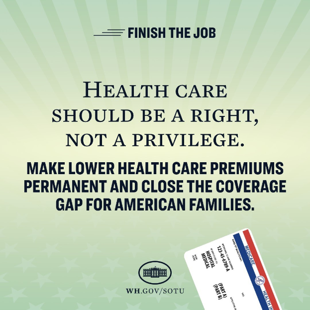 Plakat mit dem Text "Beenden Sie die Arbeit: Gesundheit sollte ein Recht sein, nicht ein Privileg" und einer Karte mit der Aufschrift "Machen Sie niedrigere Gesundheitskosten dauerhaft und schließen Sie die Lücke in der Deckung für amerikanische Familien."
