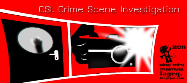 Ein rotes Plakat mit der Aufschrift "CSI Crime Scene Investigation" in weißer Fettschrift, das eine Person in einer schwarzen Kapuzenjacke mit entschlossener Miene zeigt, umgeben von einem schwarzen und weißen Rand vor einem dunklen blauen Hintergrund.