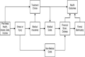 Flussdiagramm, das die Arten von medizinischen Kosten veranschaulicht, die mit Vorerkrankung, Gesundheit und Gesundheitsergebnissen verbunden sind, mit interconnected labeled boxes showing stages and interactions.
