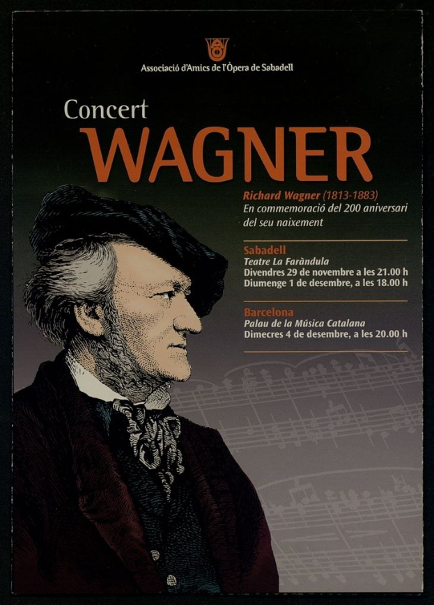 Ein Konzertplakat mit einem zentralen Porträt von Richard Wagner in einem schwarzen Anzug und weißem Hemd, mit zurückgekämmtem Haar und ernstem Gesichtsausdruck vor einem hellblauen Hintergrund mit fetter schwarzer Schrift.