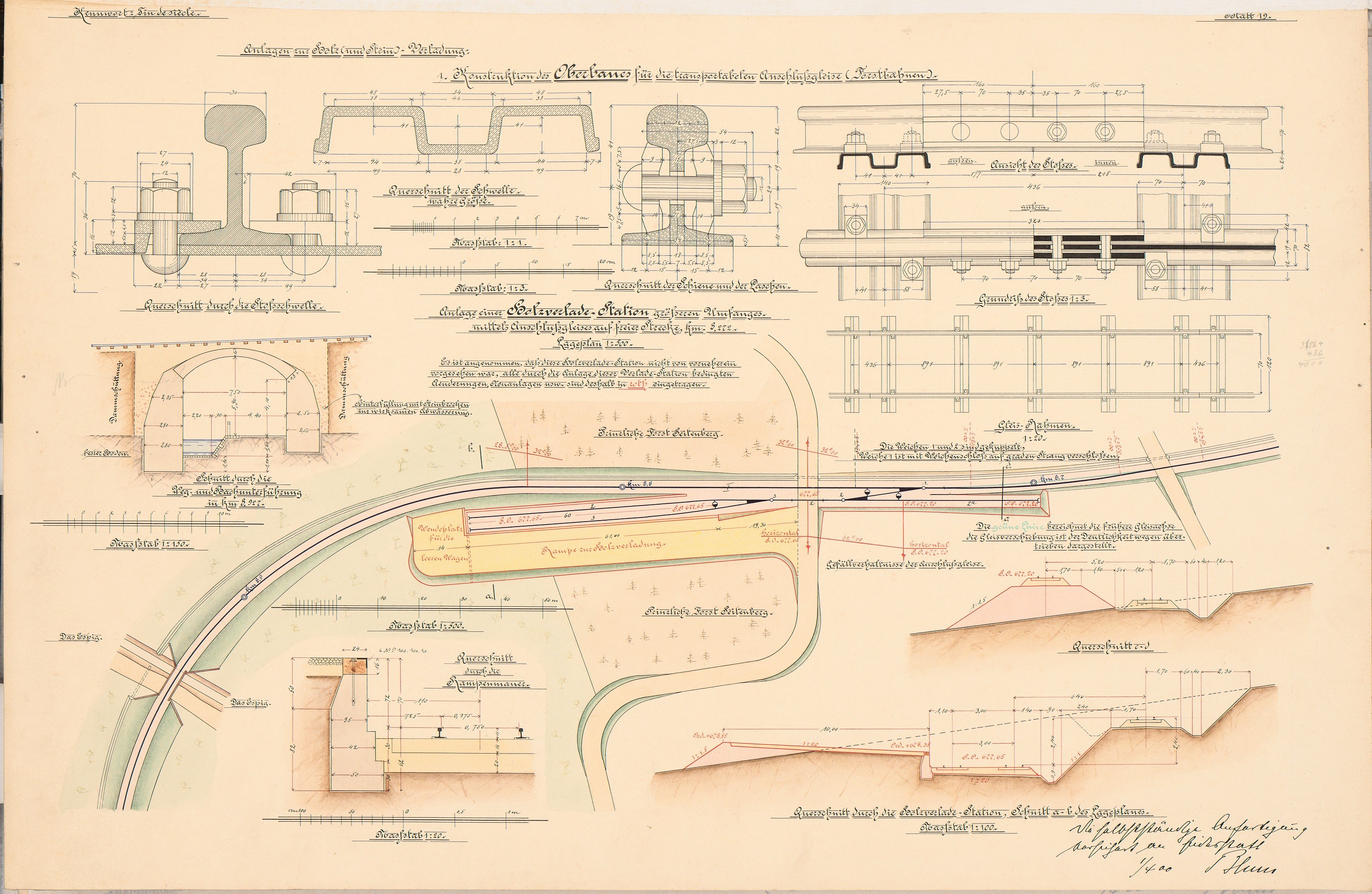 Altes Buch mit detaillierten Zeichnungen und Text eines Eisenbahnlayouts, einschließlich einer Zugschienen-Illustration.