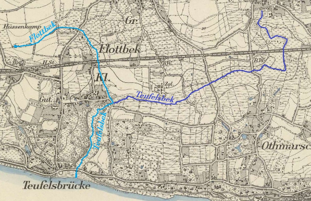 Detailiertes altes Stadtplan von Teufelsbrücke mit einer blauen Linie, die hindurchläuft, zeigt Straßen, Gebäude und Sehenswürdigkeiten.