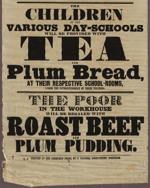 Ein Blatt mit der Aufschrift "Die Kinder der verschiedenen Tagesschulen erhalten Tee, Pflaumenbrot und Roastbeef und Pflaumenpudding."