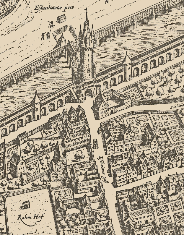 Alte Stadtkarte mit einem zentralen Schloss, umgeben von Gebäuden, Bäumen, einer Brücke und Text.