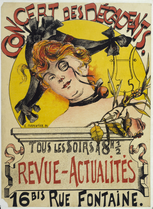 Ein Plakat für ein Decadents-Konzert mit einer Illustration einer Frau mit einem menschlichen Gesicht und Text mit Veranstaltungseinzelheiten.