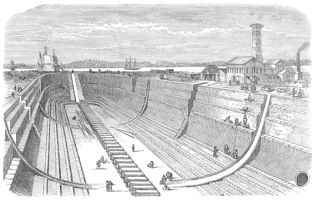 Schwarze und weiße Illustration einer großen Talsperre mit Menschen darauf, umgeben von Gebäuden, Bäumen und einem bewölkten Himmel, mit dem Text "Wasserwerke in den Vereinigten Staaten" unten.