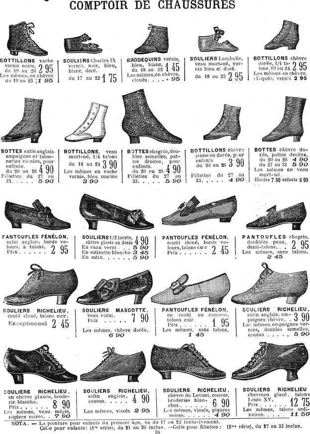 Eine Buchseite, die verschiedene Frauenschuhe mit einzigartigen Designs, Preisschildern und Details zu Größe, Form und Farbe zeigt, die ordentlich angeordnet sind.