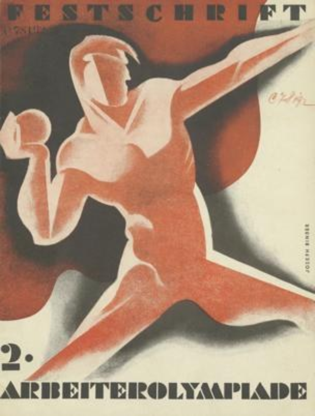 Plakat für die Olympischen Sommerspiele 1932 in Berlin mit einer Figur in einem hellgelben Overall mit entschlossener Miene, umgeben von schwarzem Text, einschließlich des Wortes "Festschrift."
