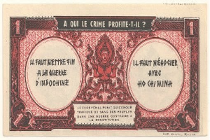 Alte französische Banknote mit ernst dreinschauendem Mann im Anzug, Text "A qui le crime profite-il?" und schwarzem Rand auf weißem Hintergrund.