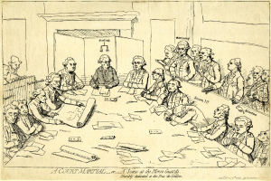 Ein Gerichtssaal mit einer Gruppe von Menschen, wahrscheinlich Anwälten, die um einen langen Tisch sitzen, der mit Papieren und anderen Gegenständen bedeckt ist, mit Text am unteren Bildrand.