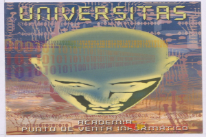 Plakat mit einem kahlköpfigen Mann mit breitem Grinsen, geschlossenen Augen, umgeben von Text einschließlich des Wortes "Universitas" in fetter schwarzer Schrift.