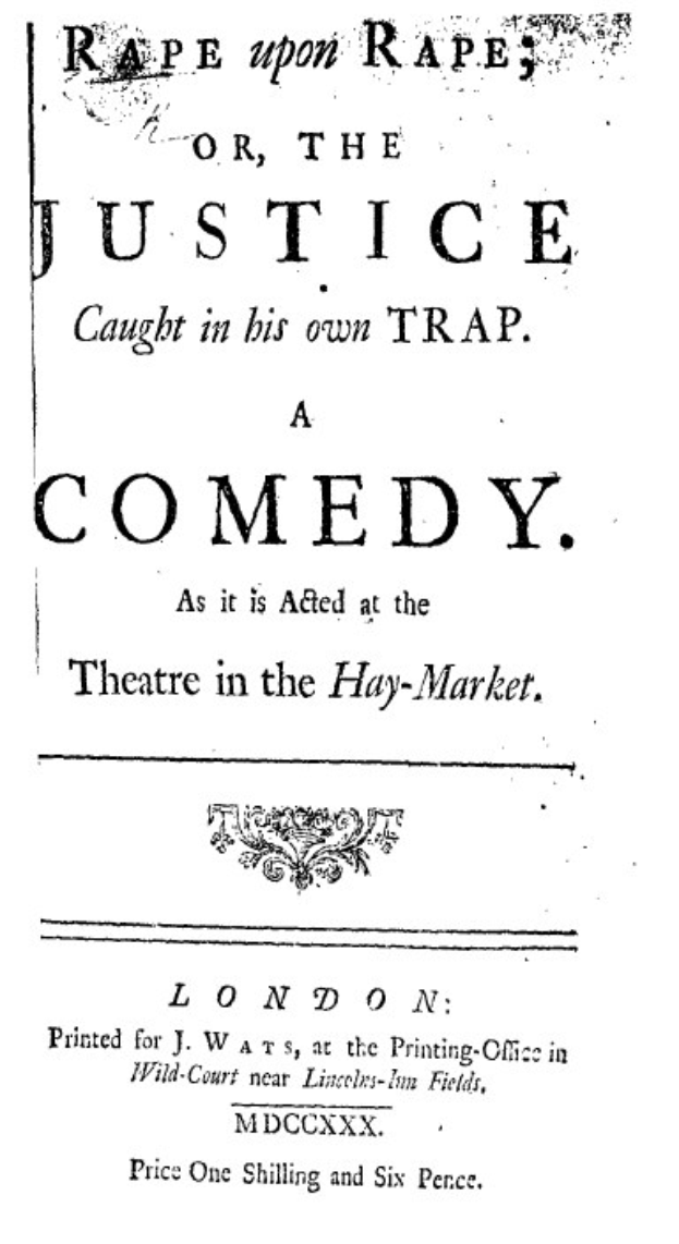 Schwarzes und weißes Plakat mit fetter schwarzer Schrift, die 'Vergewaltigung über Vergewaltigung oder die Justiz in seiner eigenen Falle' lautet.