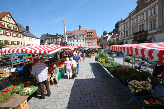 Ein belebter Markt im alten Stadtkern von Heidelberg mit Menschen, die gehen, auf Bänken sitzen und in der Nähe von Zelten stehen, umgeben von Gemüsekörben auf Tischen, Gebäuden mit Fenstern, Bäumen und einem klaren blauen Himmel.
