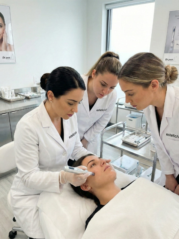 Drei Fachkräfte in klinischer Kleidung führen eine präzise Gesichtsbehandlung durch. Die Atmosphäre wirkt professionell, hygienisch und auf fortschrittliche Hautpflege spezialisiert.