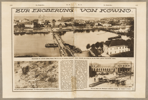 Alte Zeitung mit einem Stadtbild-Foto, das Gebäude, Bäume, Wasser, eine Brücke und Karren zeigt, sowie Text und andere Bilder.