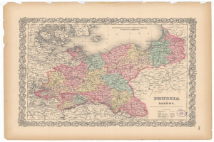 Alte gedruckte Karte zeigt die Grenzen von Preußen und Sachsen auf altem Papier.