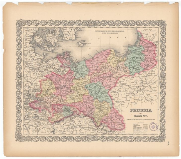 Alte gedruckte Karte zeigt die Grenzen von Preußen und Sachsen auf altem Papier.