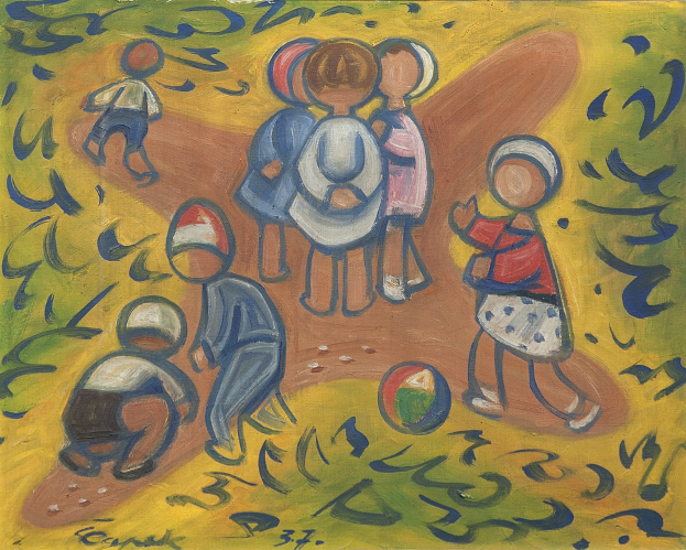 Malerei auf einer Tafel, die Kinder beim Spielen mit einem Ball in einem hellen, fröhlichen Feld mit spielerischen Posen und etwas sichtbarem Text zeigt.