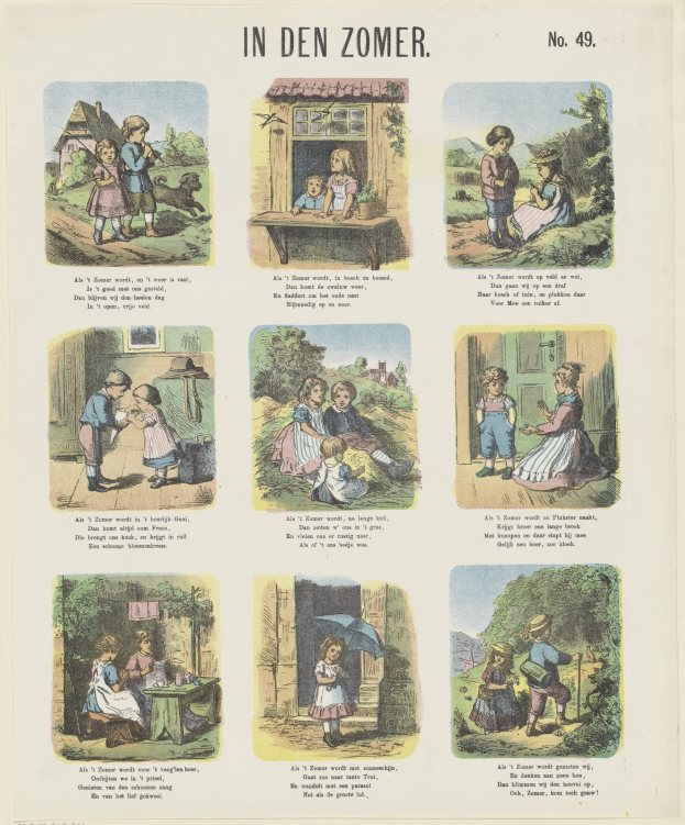 Ein buntes Kindertätigkeitsblatt mit Bildern von lachenden Kindern, die in einem üppigen Garten spielen, begleitet von spielerischem Text.