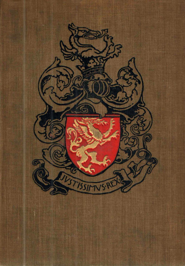 Ein Buch mit einem roten und schwarzen Wappen, das einen Löwen rampant, eine Krone und das Wort "Hogwarts" auf einem Banner zeigt, mit "Harry Potter" darunter geschrieben.