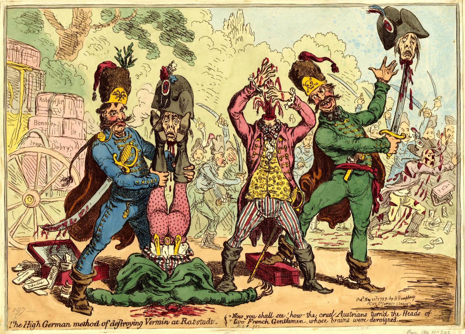 Cartoon illustration of men in military uniforms, one holding a sword, with trees and buildings in the background and text reading "The High German Method of Defroving Vermin at Ratstadt" at the bottom.