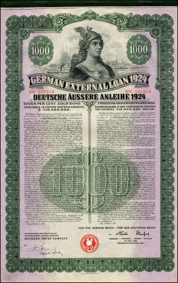 Deutsches Auslandsdarlehen-Zertifikat von 1924 mit einem Porträt einer Frau, mit gedrucktem Text und numerischen Denominationen auf altem Papier.