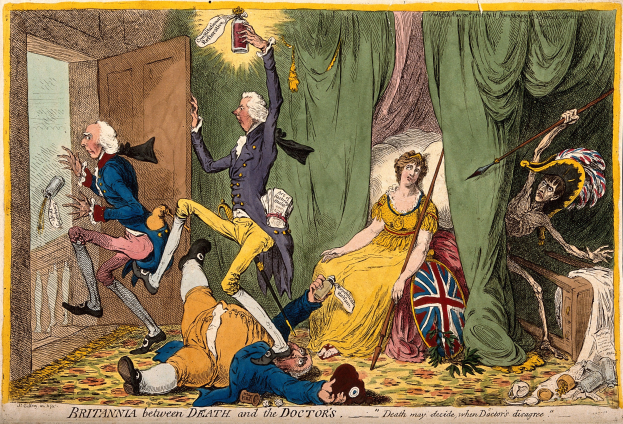 Cartoon of a man in a blue suit lying on the floor and a woman in a yellow dress sitting on a chair, holding an object, with curtains and a door in the background; text at the bottom reads "Britishia between Death and the Doctors."