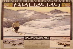 Ein Plakat für einen Wintersport in den österreichischen Alpen, das einen Skifahrer zeigt, umgeben von Bildern von Menschen und Bergen mit Text.