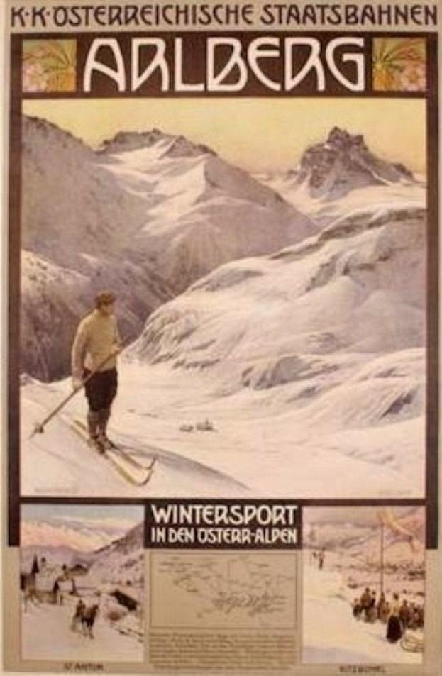 Ein Plakat für einen Wintersport in den österreichischen Alpen, das einen Skifahrer zeigt, umgeben von Bildern von Menschen und Bergen mit Text.