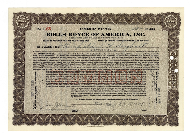 Alte Aktienurkunde ausgestellt von Rolls Royce of America, Inc. mit gedrucktem Text und numerischen Details.