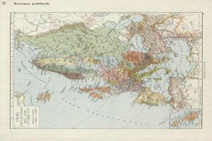 Alte 19. Jahrhundert-Karte von Europa, die politische Teilung zeigt, auf altem Papier mit Text oben und unten gedruckt.