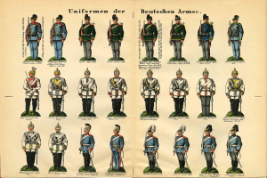 Ein Buch, das bunt gefärbte deutsche Armee-Uniformen mit Helmen, Gewehren und anderen Waffen zeigt, begleitet von beschreibendem Text.
