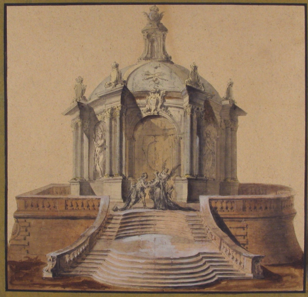 Ein gerahmtes Bild eines klassisch anmutenden Brunnens mit einer Statue darauf, umgeben von Stufen und weiteren Skulpturen.