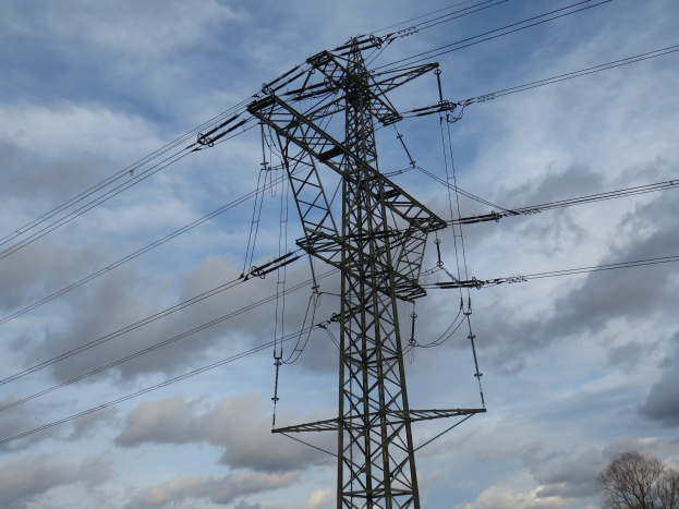 Eine Hochspannungsleitung mit einem Turm und vielen Drähten im Vordergrund, vor einem bewölkten Himmel mit Bäumen im Hintergrund.